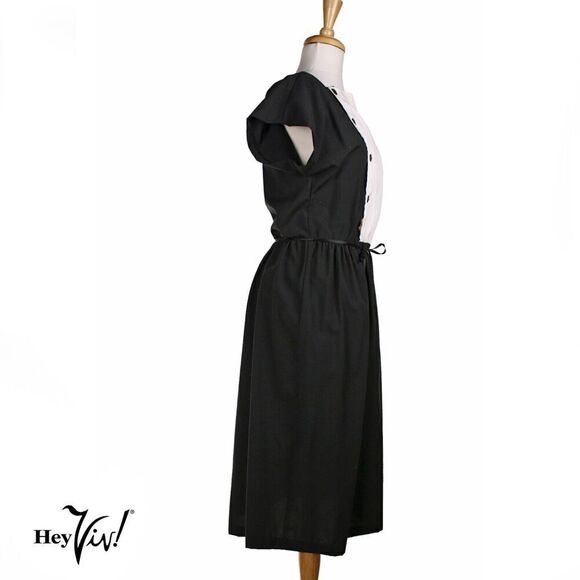Vintage 70s Murray Meisner Black Dress w White Front Elastic Waist Sz L -Hey Viv - Picture 2 of 7